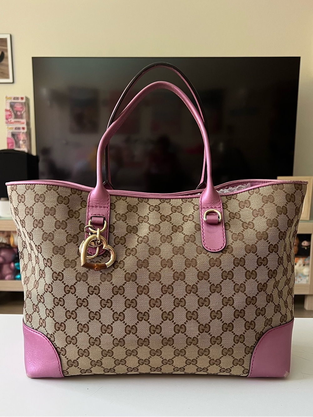Gucci GG Canvas Heart Bit Charm Tote Bag Lavender